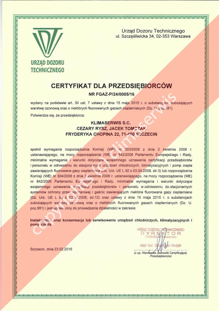 Certyfikat F-Gazy dla przedsiębiorstwa